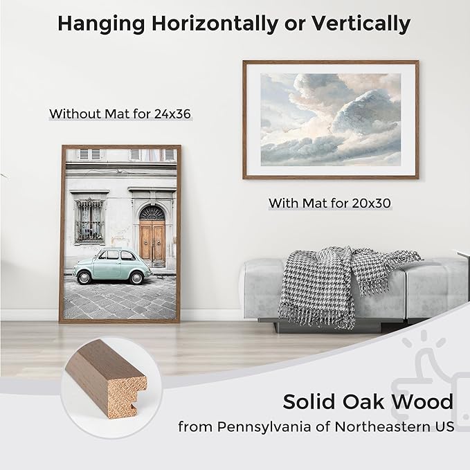 Axeman 24x36 Picture Frame with Mat for 20x30, Solid Oak Wood Poster Frame with Tempered Glass, Wood 24''x36'' Minimalist Photo Frame Movie Poster Frame with Wall Hooks for Art Photo Prints, Walnut