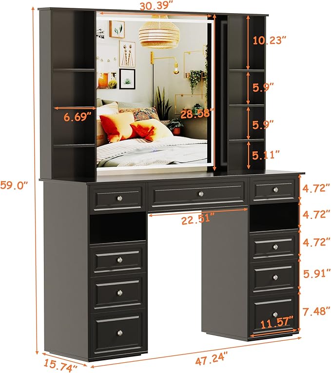 Black Vanity Desk with Lighted Mirror, Large Storage Makeup Vanity with 9 Drawers, Makeup Dressing Table with Crystal Ball Knobs for Bedroom