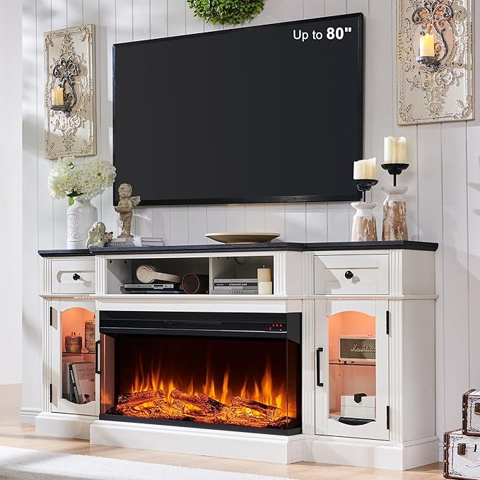 LINGMU Farmhouse Electric Fireplace TV Stand for TVs up to 80", Entertainment Center with 36" 3-Sided Glass Electric Fireplace & LED Lights, 70-inch TV Console, Antique White