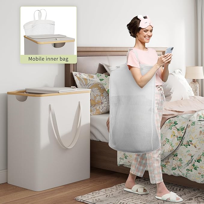 170L Laundry Hamper with Lid 3 Section, Extra Large Laundry Basket with 3 Removable Bags, Laundry Basket Organizer for Bedroom, Laundry Room, Dorm, Clothes Hamper, Beige