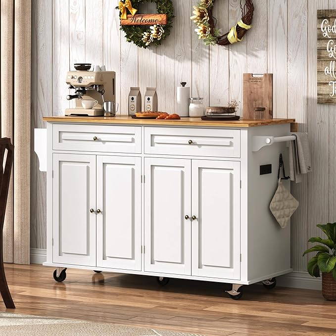 59" W Rolling Kitchen Island with Drop Leaf – Movable Kitchen Carts on Wheels Island with Storage Cabinet, Island Table for Kitchen with Rubber Wood Top and Rack and Drawers, Matte, White