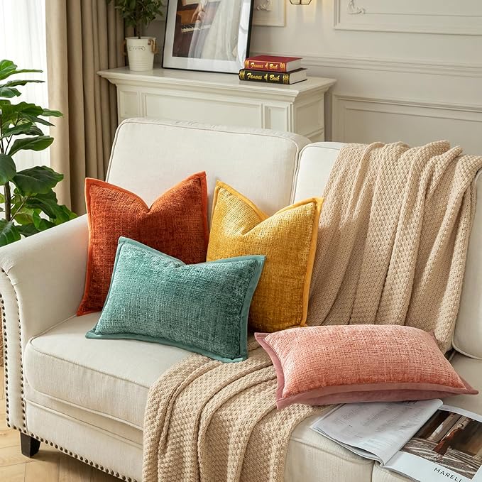 Yaertun Pack of 2 Chenille Textured Decorative Throw Pillow Covers Accent Solid Cushion Cover Soft Cozy Pillow Case with Velvet Back for Couch Sofa Bed Living Room 22x22 Inch Yellow