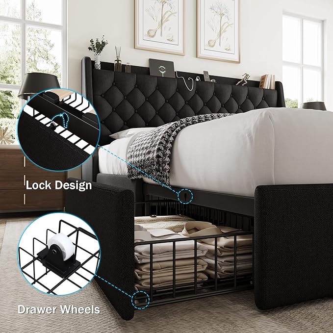 King Size Bed Frame with 4 Storage Drawers, Giant Upholstered Wingback Headboard, Fast Charging Station, No Box Spring Needed, Noise-Free, Black