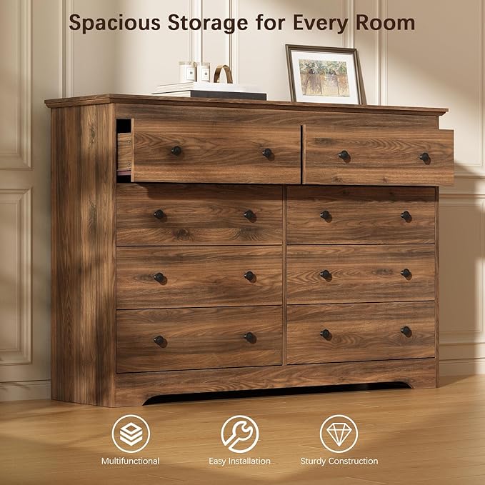 LYNSOM Modern 8 Drawer Dresser, 55.1" Wide Dressers & Chests of Drawers with Large Capacity Storage, Wood Mid Century Storage Dressers Organizer for Bedroom, Hallway, Brown