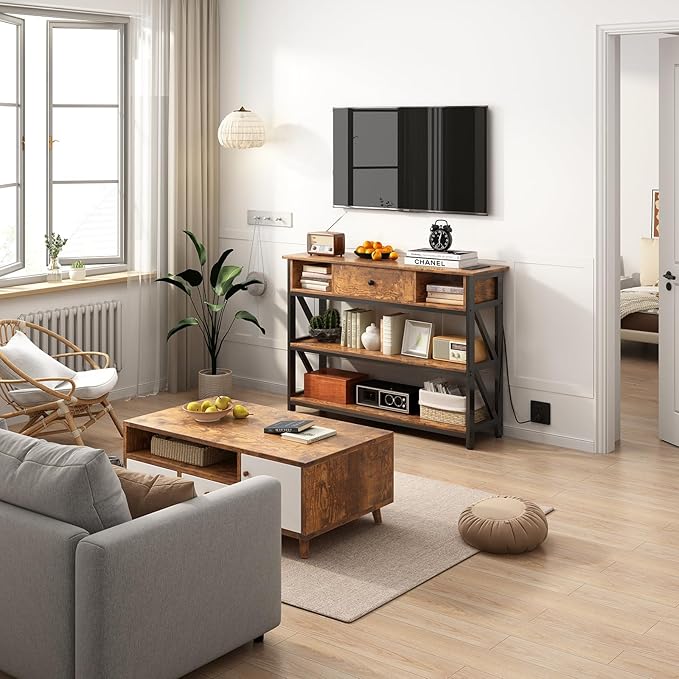 Mexin Console Table with Outlets and USB Ports, Entryway Table with Drawer Storage Shelves, Industrial Wood Hallway Sofa Table for Living Room, Couch, Foyer, Kitchen Counter, 39 Inch, Vintage Brown