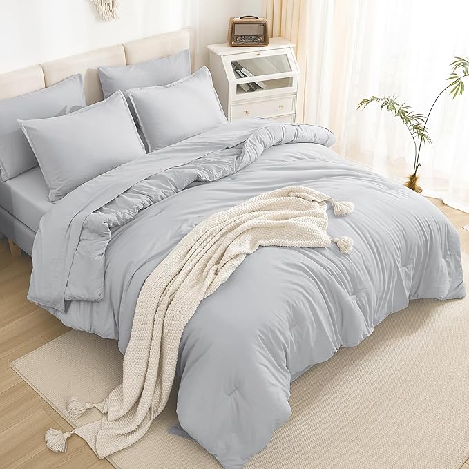 Litanika Full Size Comforter Sets Light Grey - 7 Pieces Bed in a Bag Full Bedding Comforter Sets, Solid Lightweight Bed Set with Comforter, Sheets, Pillowcases & Shams
