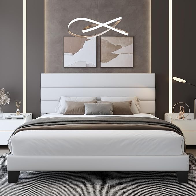 WEEWAY King Bed Frame Platform Bed with Velvet Upholstered Headboard and Wooden Slats Support, Heavy Duty Mattress Foundation, No Box Spring Needed, Easy Assembly, White