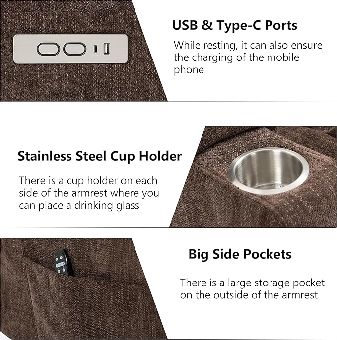 Power Lift Chair with Massage & Heat, Electric Recliner Chairs for Adults, Remote Control, Living Room Sofa, Standing Assistance, USB Ports, Stainless Steel Cup Holders, Chenill, Brown