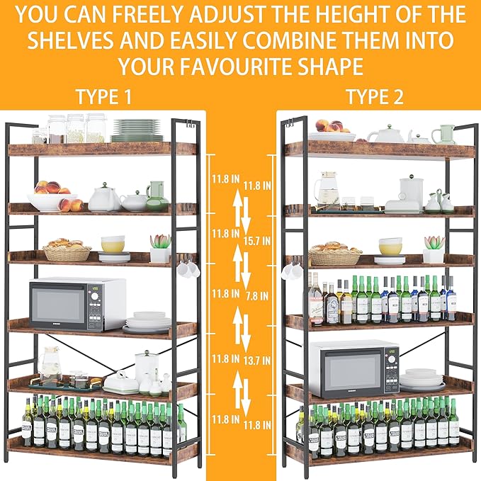 HCHQHS Bookshelf, Adjustable Industrial Bookcase, Vertical Tall Book Shelf, Wood and Black Metal Open Bookshelves for Home Office, Living Room, Bedroom (Rustic Brown, 6-Tier (31" W x 70" H))