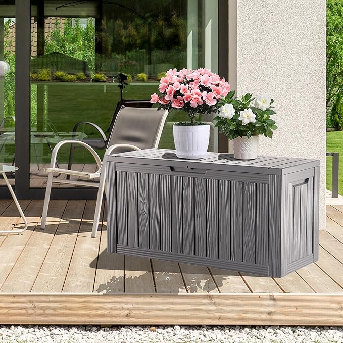 80 Gallon Waterproof Deck Box, Lockable Resin Storage Box for Patio Furniture Cushions Garden Tools and Outdoor Delivery Storage, Coffee