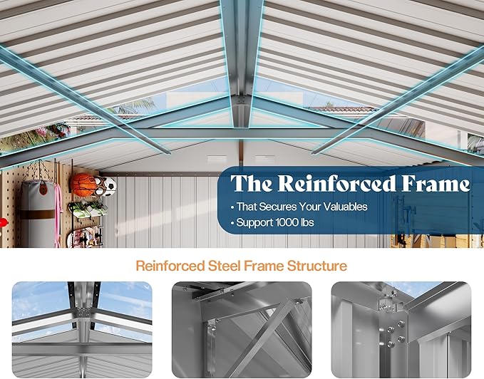 AMERLIFE 10x11.5x7.4 FT Galvanized Steel Storage Shed with 2 Transparent Panels, 2 4-Pane Windows & Hinged Double Doors, Outdoor Shed for Backyard, Patio, Garden, Dark Gray