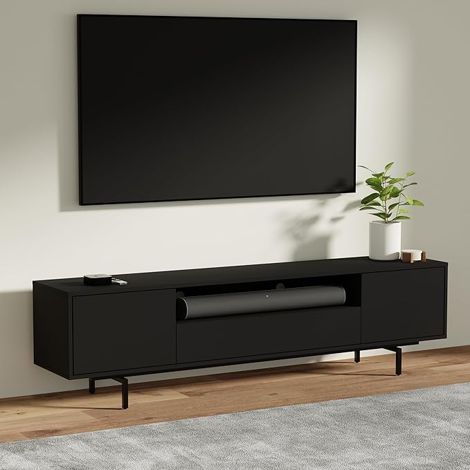 Norrhaus 75-Inch Modern TV Stand – Black Finish, 20-Inch Height, No Tools Assembly Technology, Storage Cabinets with Center Channel Speaker Shelf, Mid-Century Modern Design