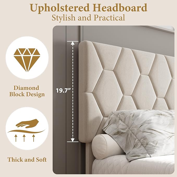 GAOMON Beige Full Bed Frame with Upholstered Headboard, Heavy-Duty Platform Bed Frame with Strong Wood Slats, No Box Spring Needed/Noise Free/Easy Assembly