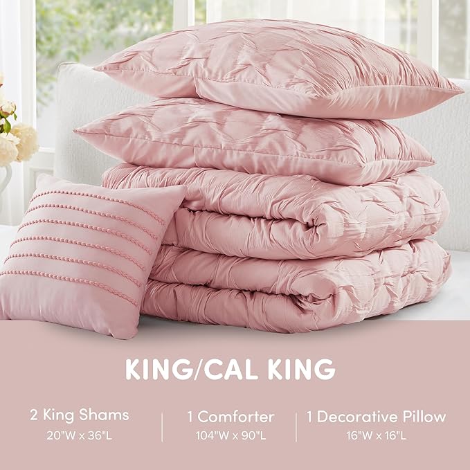 Comfort Spaces Comforter for King Size Bed, Ogee Ruched with Crinkle Texture, Breathable Comforter Set King, All Season Lightweight Bedding Set, Shams, Décor Pilow, King/Cal King Pink 4 Piece