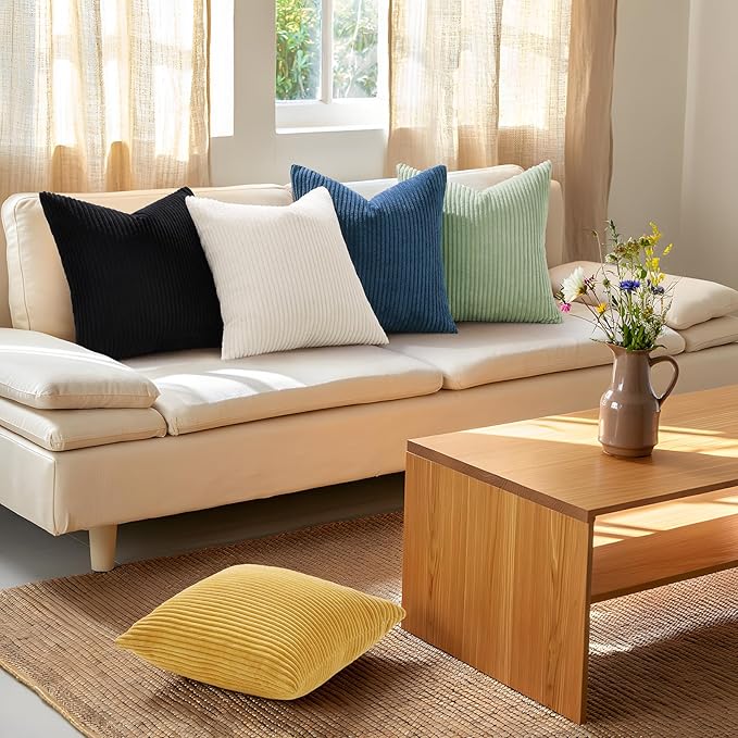 Mecatny Corduroy Decorative Throw Pillow Covers 22x22 Set of 2 for Sofa Living Room, Soft Neutral Boho Couch Pillow Covers for Home Decor, Black