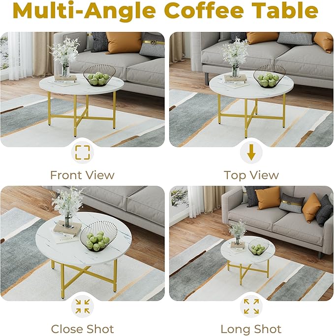 Coffee Table, 23.6" Coffee Tables for Living Room, Round Coffee Table with Metal Frame, Floor Table for Sitting on The Floor, Home, Office, White & Gold Legs