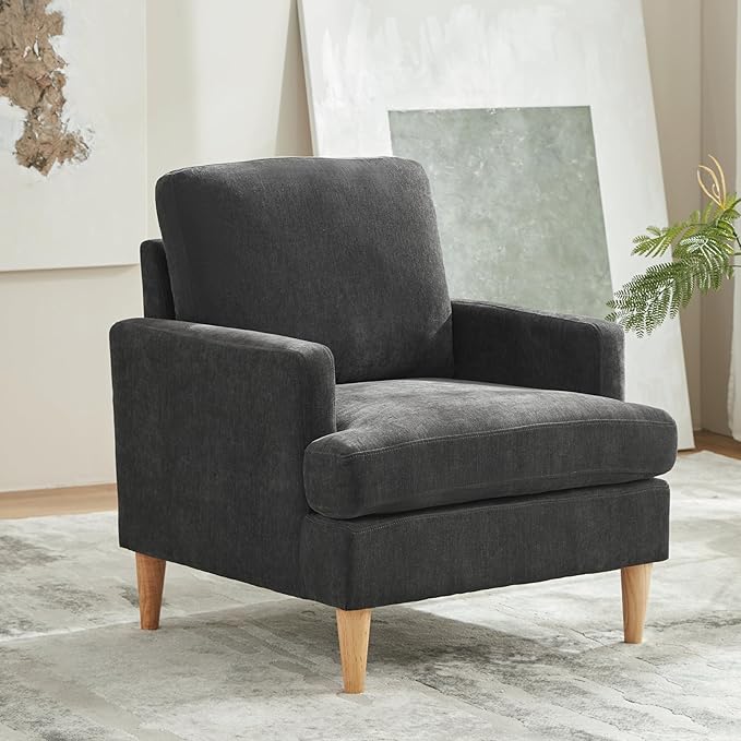 VKNOW Mid-Century Accent Chairs Set of 2, Modern Upholstered Chenille Armchair for Living Room,Comfy Reading Accent Chairs with Wood Legs for Bedroom, Dark Grey