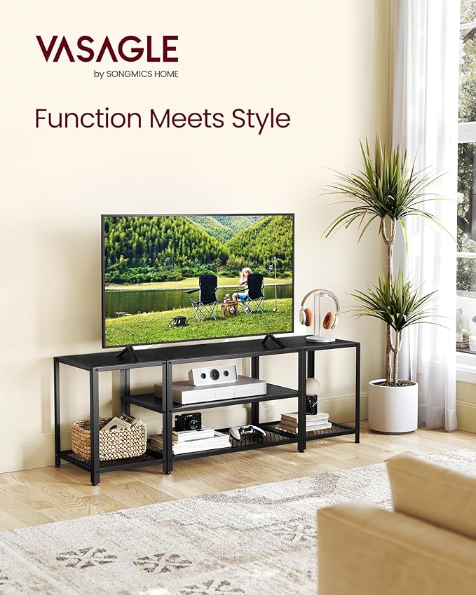 VASAGLE Modern TV Stand for TVs up to 65 Inches, 3-Tier Entertainment Center, Industrial TV Console Table with Open Storage Shelves, for Living Room, Bedroom, Black with Wood Grain ULTV097B22