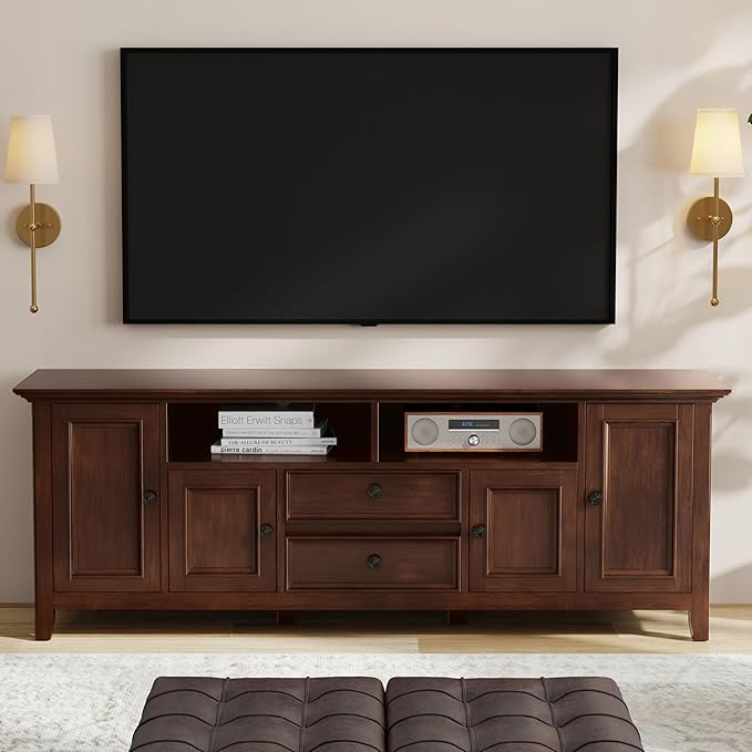 SIMPLIHOME Amherst 72-inch Wide Solid Wood TV Stand in Russet Brown, Transitional-Style Media Console for Living Room with Cable Management and Adjustable Shelves, Fits 80" TVs