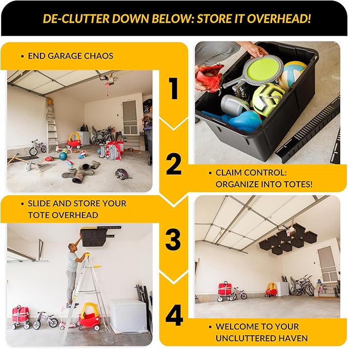 Overhead Bin Rack - Ceiling Mount Overhead Garage Rack | Adjustable Width and Orientation | Heavy Duty Ceiling Bin Storage Rails | Fits Black & Yellow Storage Bins | USA Designed (8 Bins)