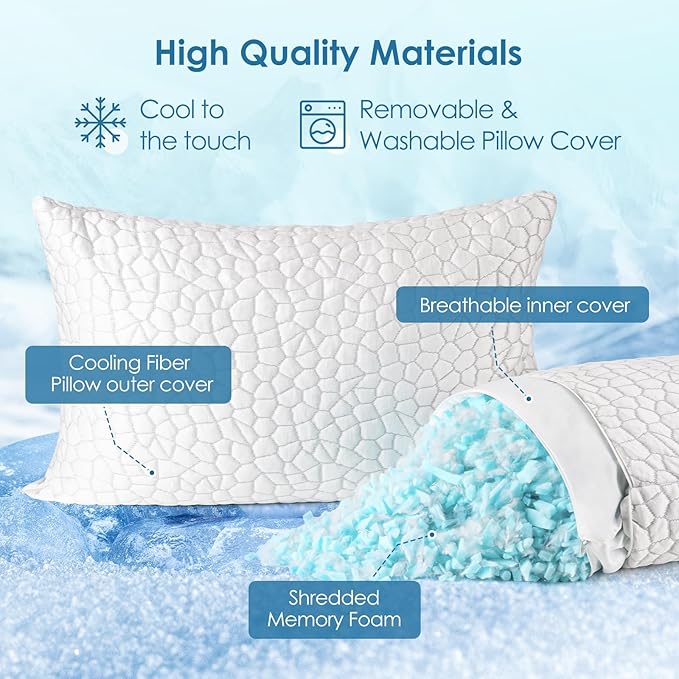 Cooling Pillows Queen Size Set of 2 Shredded Memory Foam Pillows for Side Back Stomach Sleepers, Two-Sided Cool Adjustable Firm or Soft Bed Pillow Luxury Gel Neck Pillow for Neck Shoulder Pain Relie