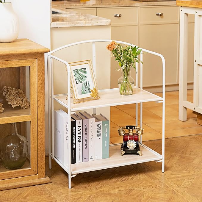 Crofy No Assembly Folding Bookshelf for Living Room, 2 Tier White Collapsible Book Shelf for Home Office, Portable Bookcase Storage Organizer