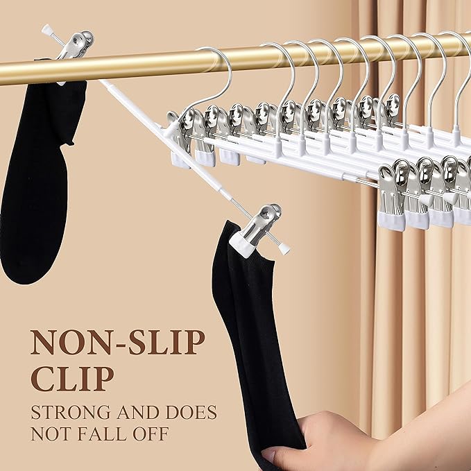 Pants Hangers with Clips 10 Pack Adjustable Skirt Hangers for Women Non-Slip Trousers Hanger for Jeans Clothes Hangers for Pants Heavy Duty Space Saving Shorts Hangers,White,12Inch