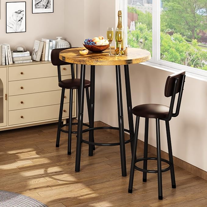 Recaceik 3 Piece Pub Dining Set, Modern Round bar Table and Stools for 2 Kitchen Counter Height Wood Top Bistro Easy Assemble for Breakfast Nook Living Room Small Space Restaurant, Rustic Brown 23.6"