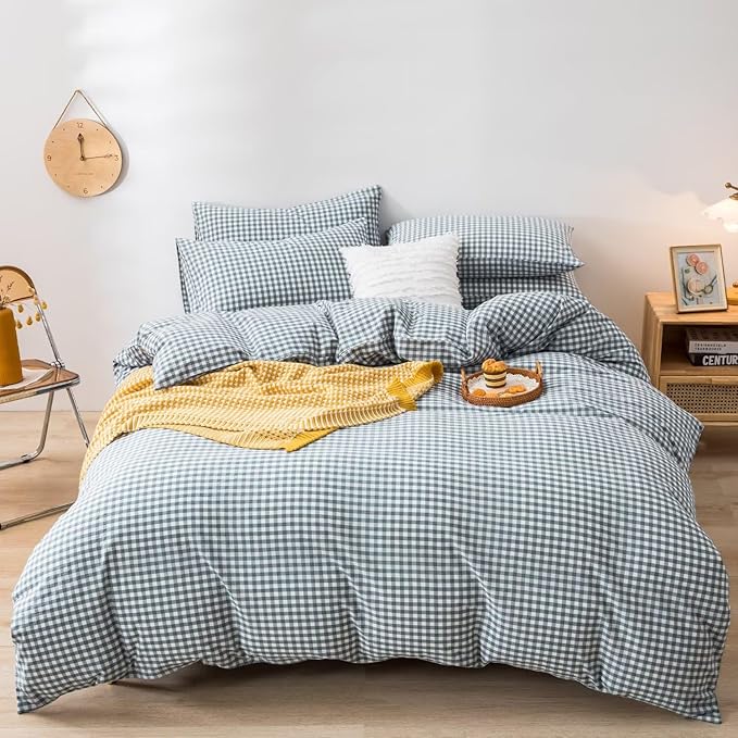 mixinni Blue Gingham Comforter Set Full, Plaid Comforter Set 3 Pieces 1 Blue Grid Comfoter with 2 Pillow Cases for All Seasons, Soft Fluffy Modern Grid Pattern Printed Bedding-Full Size
