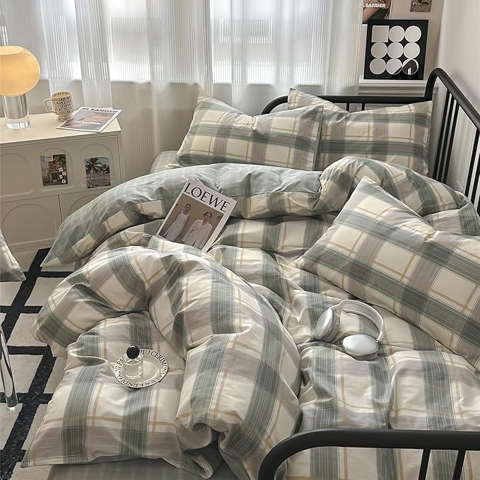 mixinni King Comforter Set Green Geometric Checkered Plaid Bedding Comforter Set Men Boys Modern Style All Season Soft Fluffy Lightweight Bedding Set-King Size