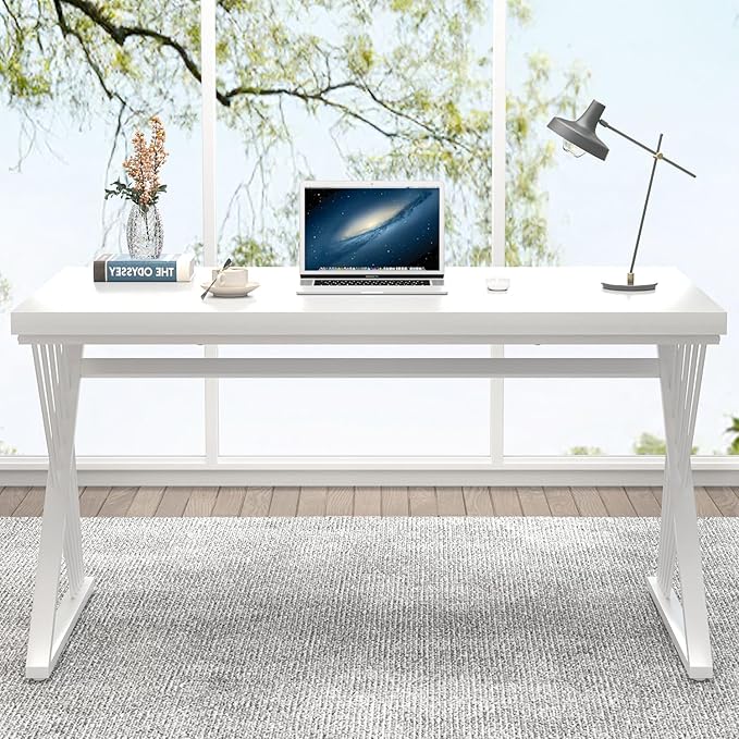 FOLUBAN Modern White Desk, Rustic Wood and Metal Computer Desk for Home Office, Simple Writing Work PC Desks for Bedroom, Industrial Study Gaming Table for Living Room, White, 53 Inch