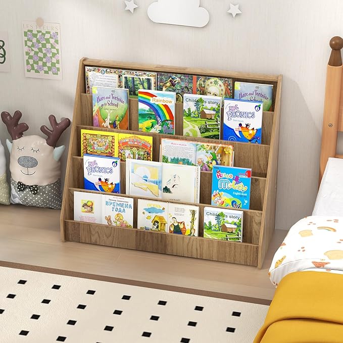 Costzon 5-Tier Kids Bookshelf, Wooden Children Bookcase, Toddler Book Rack, Magazine Storage & Display Shelf, Book Shelf for Kids Room, Living Room, Nursery, Classroom (Natural)