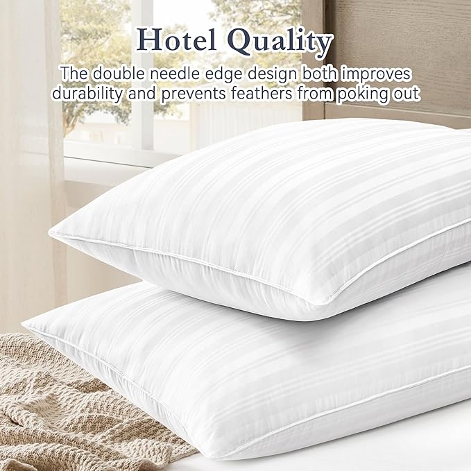 puredown® Goose Feather Down Pillows, Luxury Hotel Collection Bed Pillows for Sleeping Set of 2, 100% Cotton Cover with Silver Stripe, Standard Size