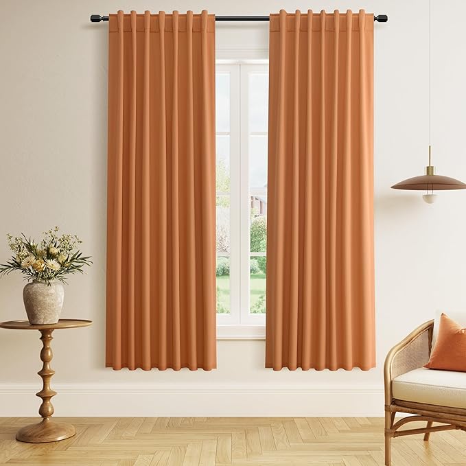 Guken Orange Blackout Curtains 72 Inch Length 2 Panels Set for Living Room Bedroom Back Tab Thermal Insulated 100% Black Out Linen Drapes Room Darkening Window Curtains 72 Inches Long