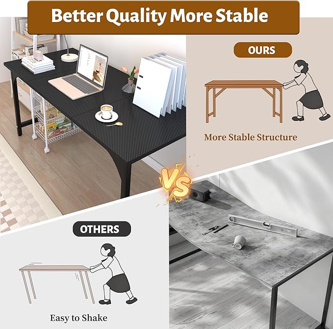 55inch Computer Desk with Deeper Carbon Fiber Desktop, Gaming Office Desk with Sturdy Metal Frame,Home Office Desk for Gaming, Working, Studying, Black