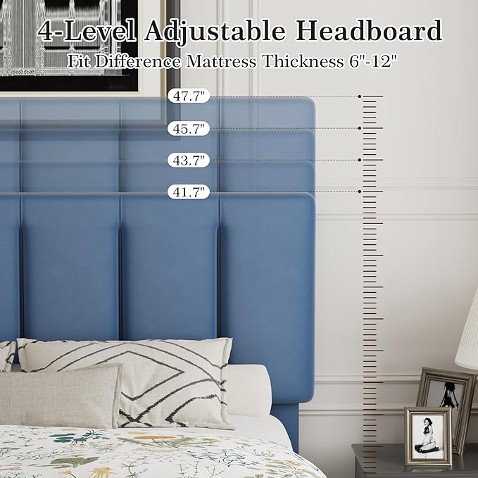 VECELO Queen Bed Frame with Upholstered Headboard, Heavy-Duty Platform Bedframe with Strong Wooden Slats Support, No Boxing Spring Needed, Dark Blue