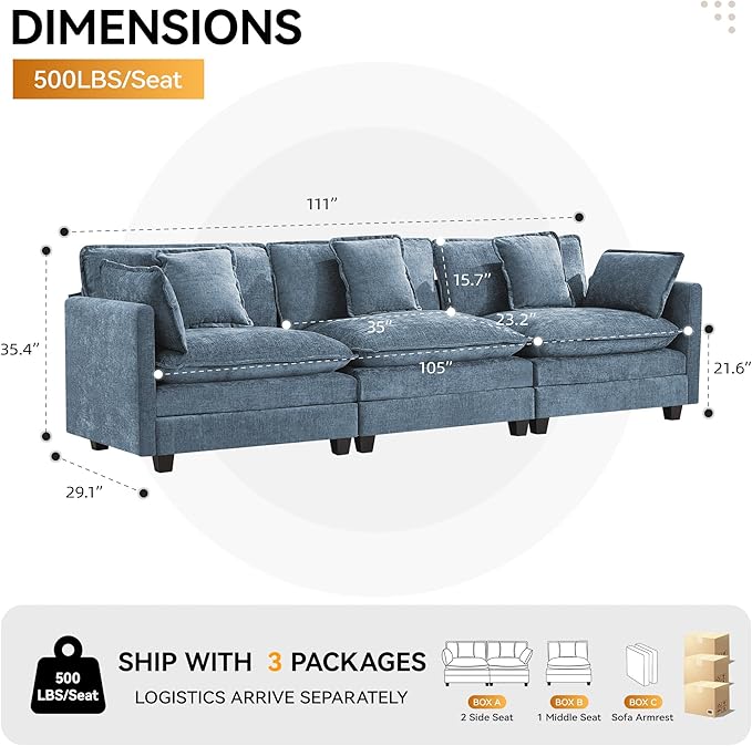 111'' Sectional Cloud Deep Seat Couch, Modern Comfy Chenille Modular Sectional Sofa for Living Room Set, Upholstered Modular 3-Seats Sofa Couch, Blue