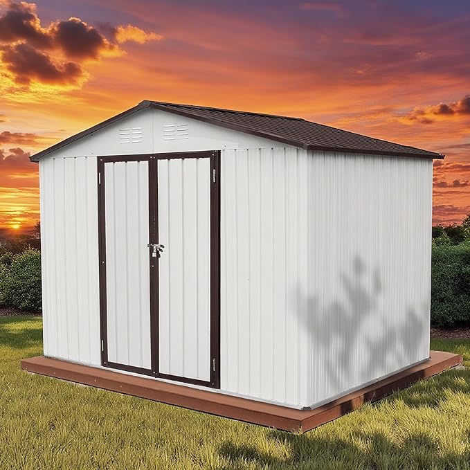 8 x 6 FT Outdoor Storage Shed, Metal Garden Tool Shed with Slooping Roof, Lockable Doors, All-Weather Bike Shed Easy to Assemble for Backyard, Patio, Lawn, White