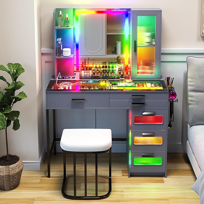 HENBC Vanity with Mirror and LED Lights, Glass Top Vanity Desk with Charging Station(Wireless+USB+Type-C), RGB Makeup Table Set with Stool/Makeup Organizer/6 Drawers for Bedroom (Grey)
