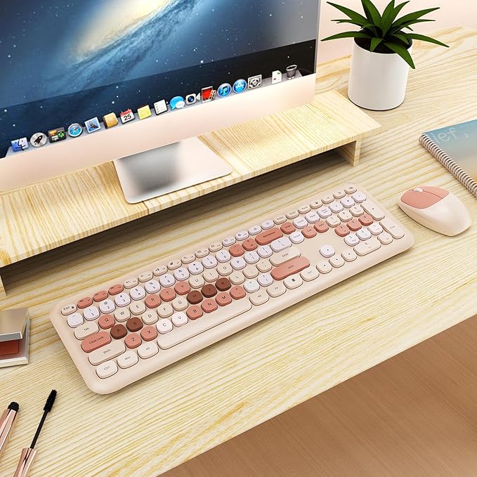 Wireless Keyboard and Mouse Combo, Colorful Ergonomic Full Size Retro Low-Noise Keyboard with Cute keycaps, Compatible with Windows, PC, Perfer for Home and Office Keyboards (Brown)