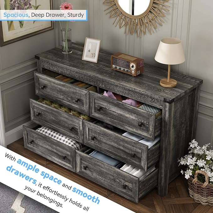 Grey Dresser for Bedroom with 6 Drawers, Farmhouse Wood Dressers Bedroom Furniture 6 Chest of Drawers, Rustic Wide Storage Drawers Dressers Organizer for Closet, Living Room, Hallway