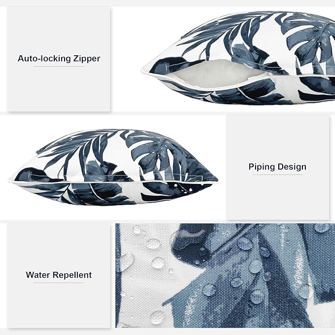 Outdoor Throw Pillows Inners, Fade Resistant Patio Furniture Square Pillows with Piping Set of 2, 18x18 Inch, Palm Blue