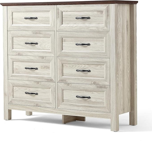 LINSY HOME Dresser for Bedroom with 8 Drawers, Updated Wide Chest of Drawers, Modern Farmhouse Bedroom Tall Dresser with Storage Organizer, Wooden Dressers for Living Room, Beige