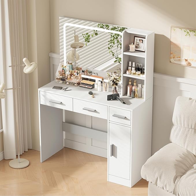 Newly Designed Smart Mirror Vanity Dresser, Soft and Non-Glaring Light，Makeup Vanity with Drawers for Bedroom Dressing Room, Women Girls (White)