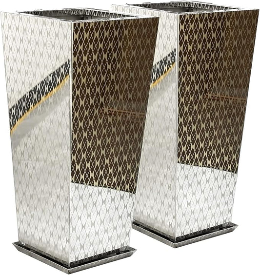 Luxury Stainless Steel Sliver Taper Tall Planter Box Set of 2 with Mirror Etching No Coating 24”H Top 11” Bottom 8”, Decrative Pot Indoor, Modern Décor for Home,Office,Tall Plants,Trees,Flowers