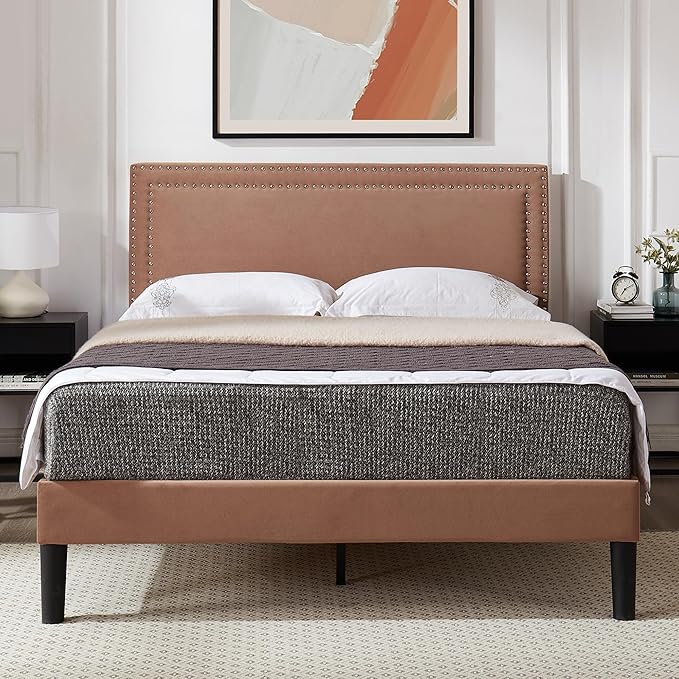 VECELO Bed Frame Queen Size with Adjustable Upholstered Headboard, Wooden Slats Platform, Noise-Free Design, Easy Assembly