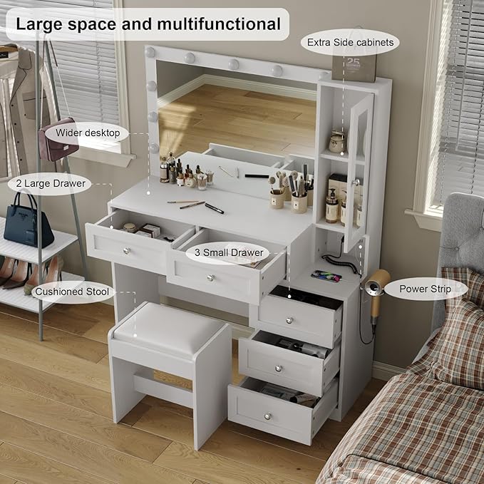 43" W Vanity Desk with Mirror & 11 Lights,Modern Makeup Desk with 5 Drawers & Cushioned Stool,3 Lighting Modes Brightness Adjustable,Power Outlet,Bedroom Dressing Table, White