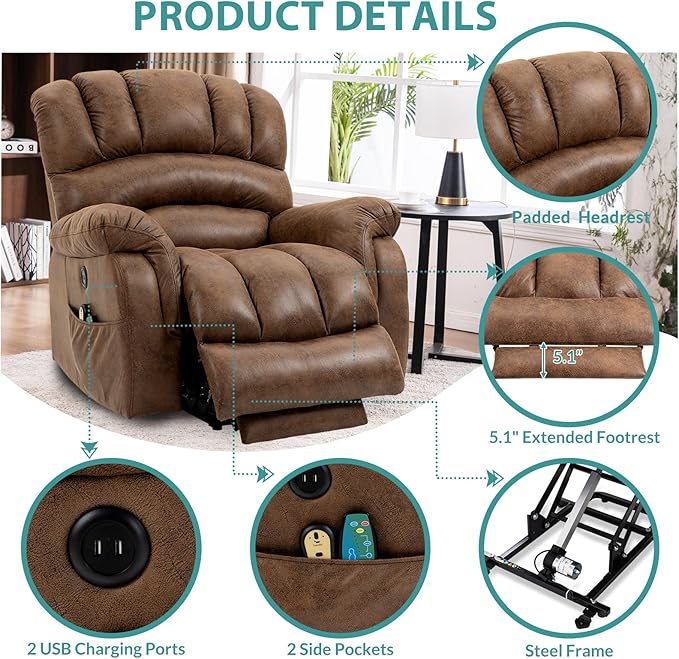 MEETWARM Large Power Lift Electric Recliner Chair with Extended Footrest for Elderly, Big and Tall Lift Chair for Seniors Reclining Chair for Living Room with Massage and Heated,USB Ports(Brown)