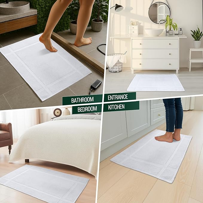 Pearl Linens Pack of 2 100% Cotton Bath Mat 20x30 inches, Soft & Absorbent Quick Dry Bathroom Mat Set, Not Bathroom Rugs, After Shower Mat, Bath Tub Mat, 687 GSM, Machine Washable, White