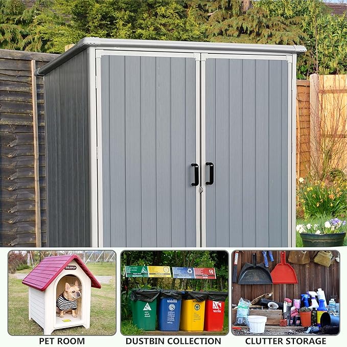 5 X 3 Ft Outdoor Storage Shed with Floor, Weatherproofing Garden Tool Shed with Lockable and Sloping Roof Design, Outdoor Resin Shed Cabinet for Backyard Patio and Garden (White+Gray)